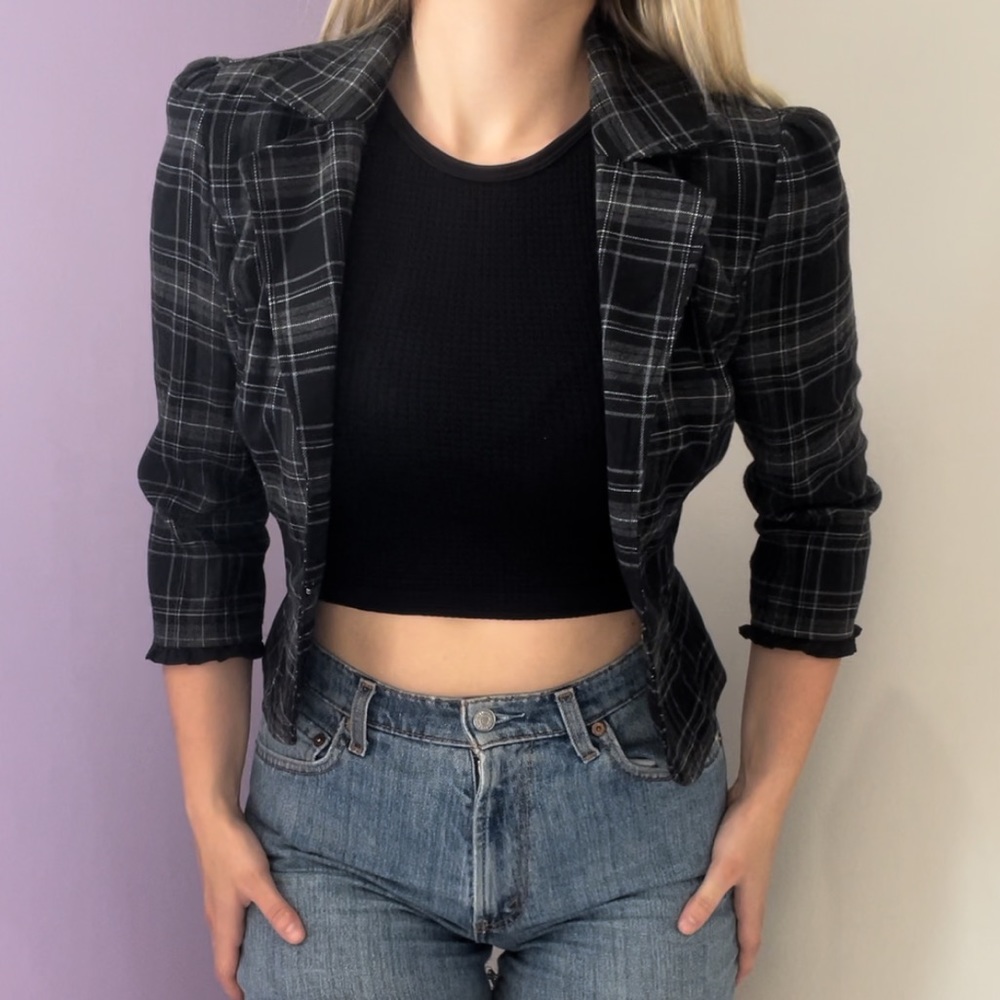 Black Plaid Crop Blazer